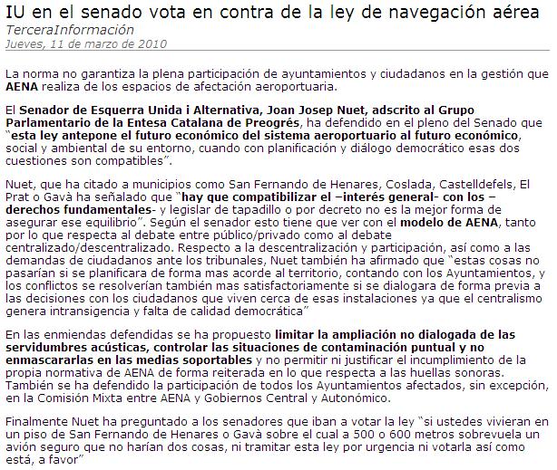 Comunicat de premsa de Joan Josep Nuet (senador d'EUiA) justificant el seu vot contrari al Senat a la modificaci de la Llei de Navegaci Aria (10 Mar 2010) 